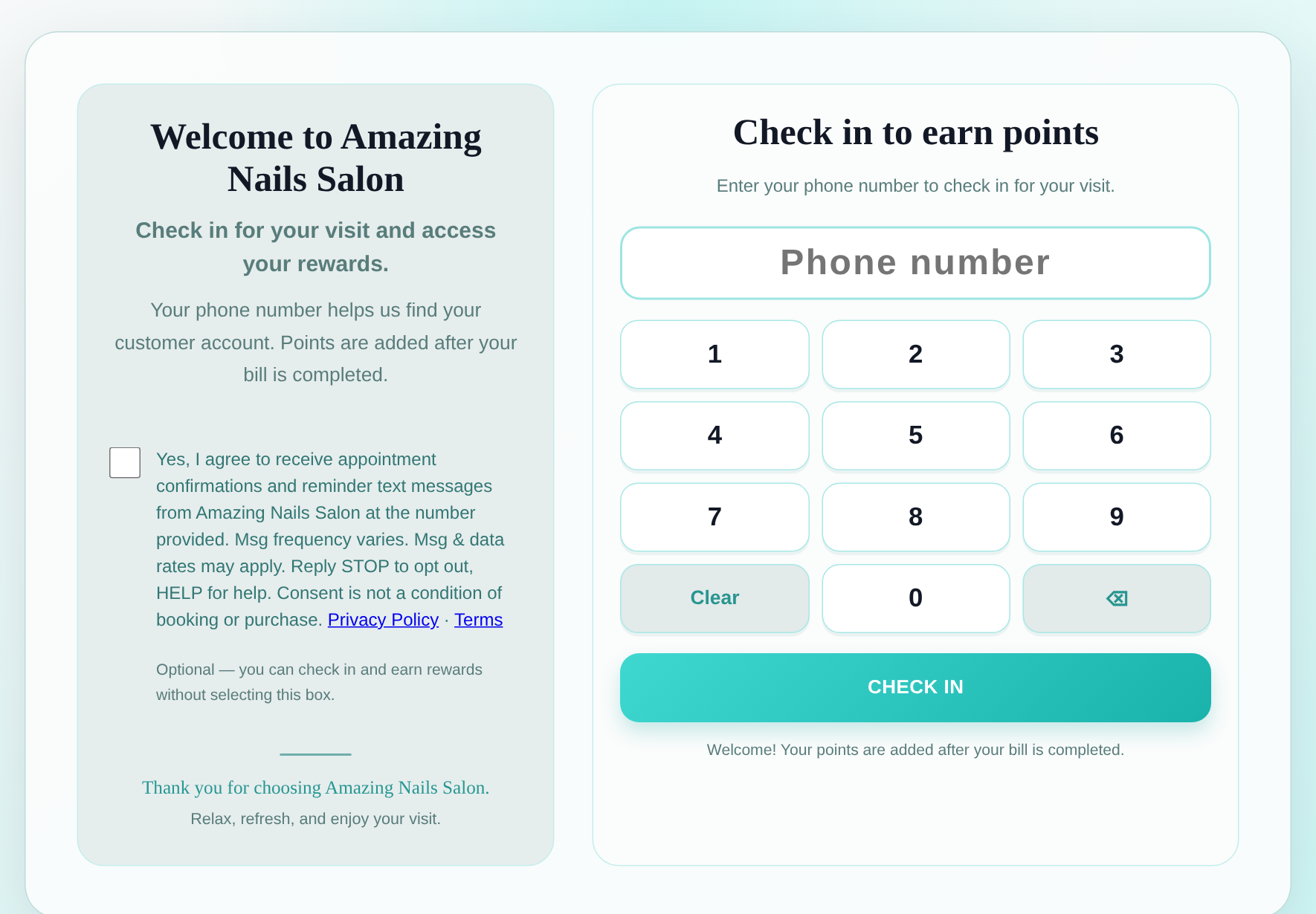Salon check-in tablet with an unchecked, optional text message consent box