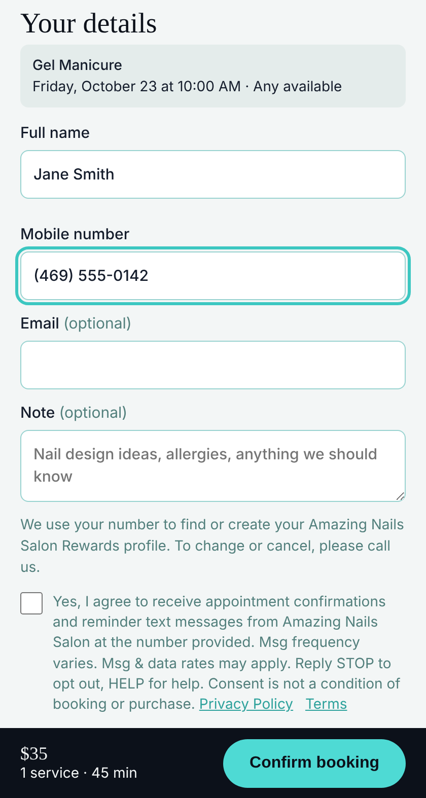 Online booking form with an unchecked, optional text message consent box
